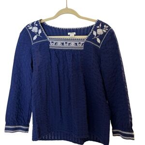 J. Crew Long Sleeve Embroidered Peasant-Boho Blue Top, Size XS